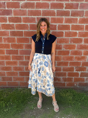 Boho Babe Blue Floral Midi Skirt