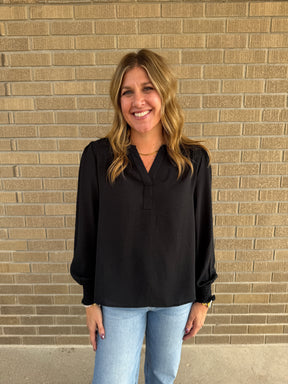 Split V-Neck Blouse - Black