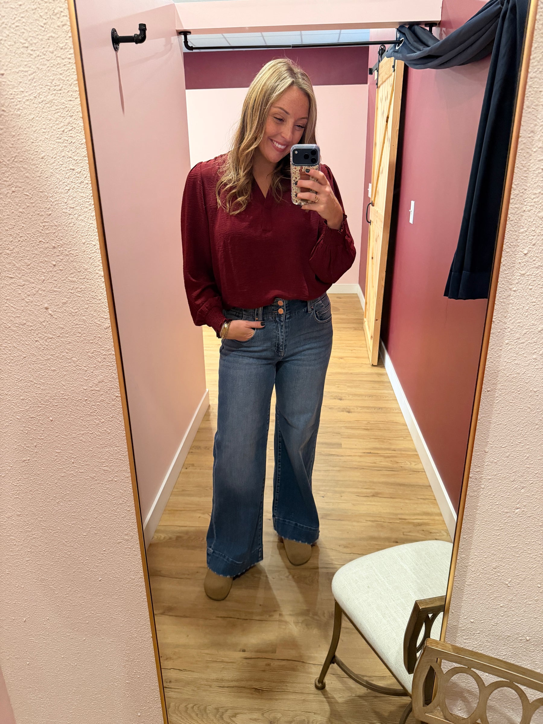 Split V-Neck Blouse - Burgundy