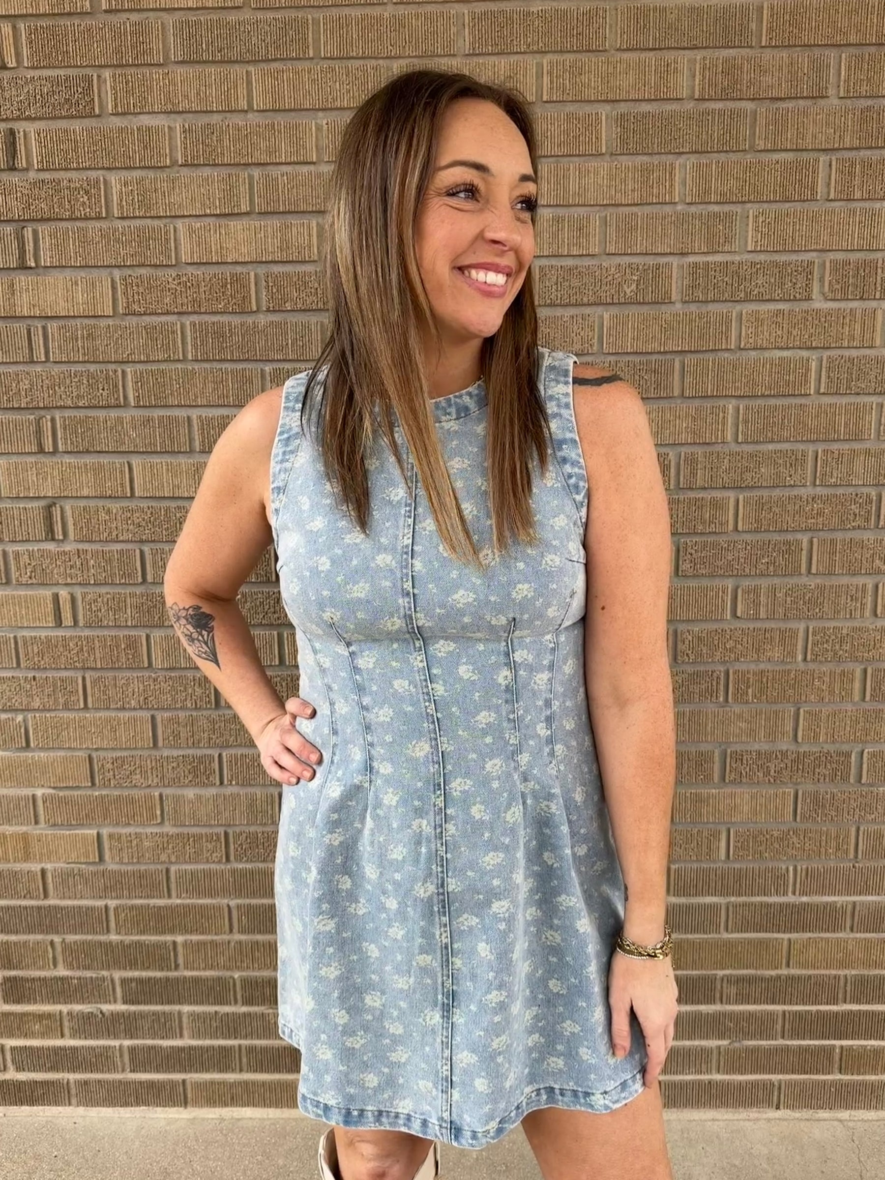 Sleeveless Floral Print Denim Dress
