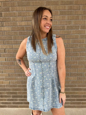 Sleeveless Floral Print Denim Dress