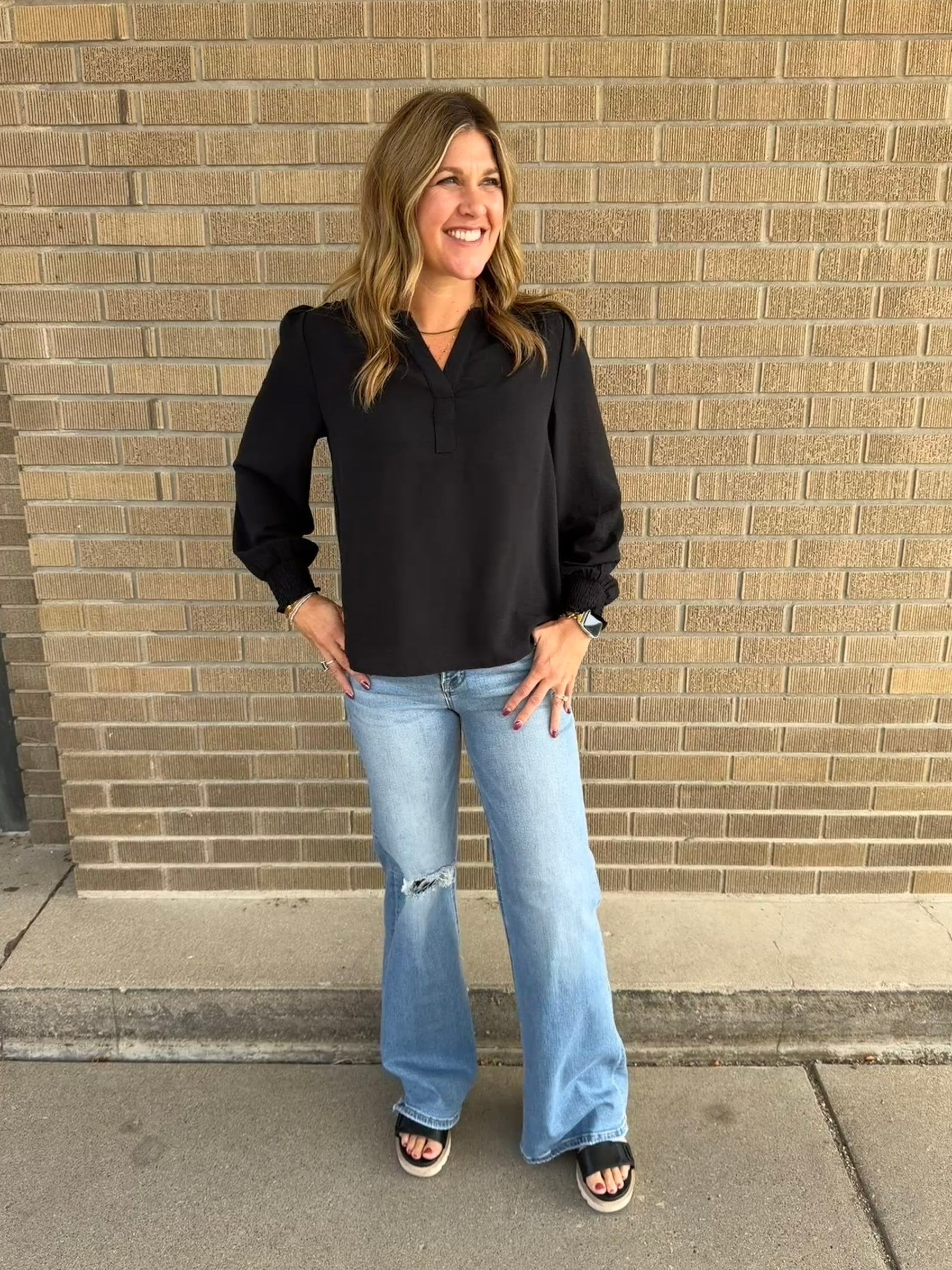 Split V-Neck Blouse - Black