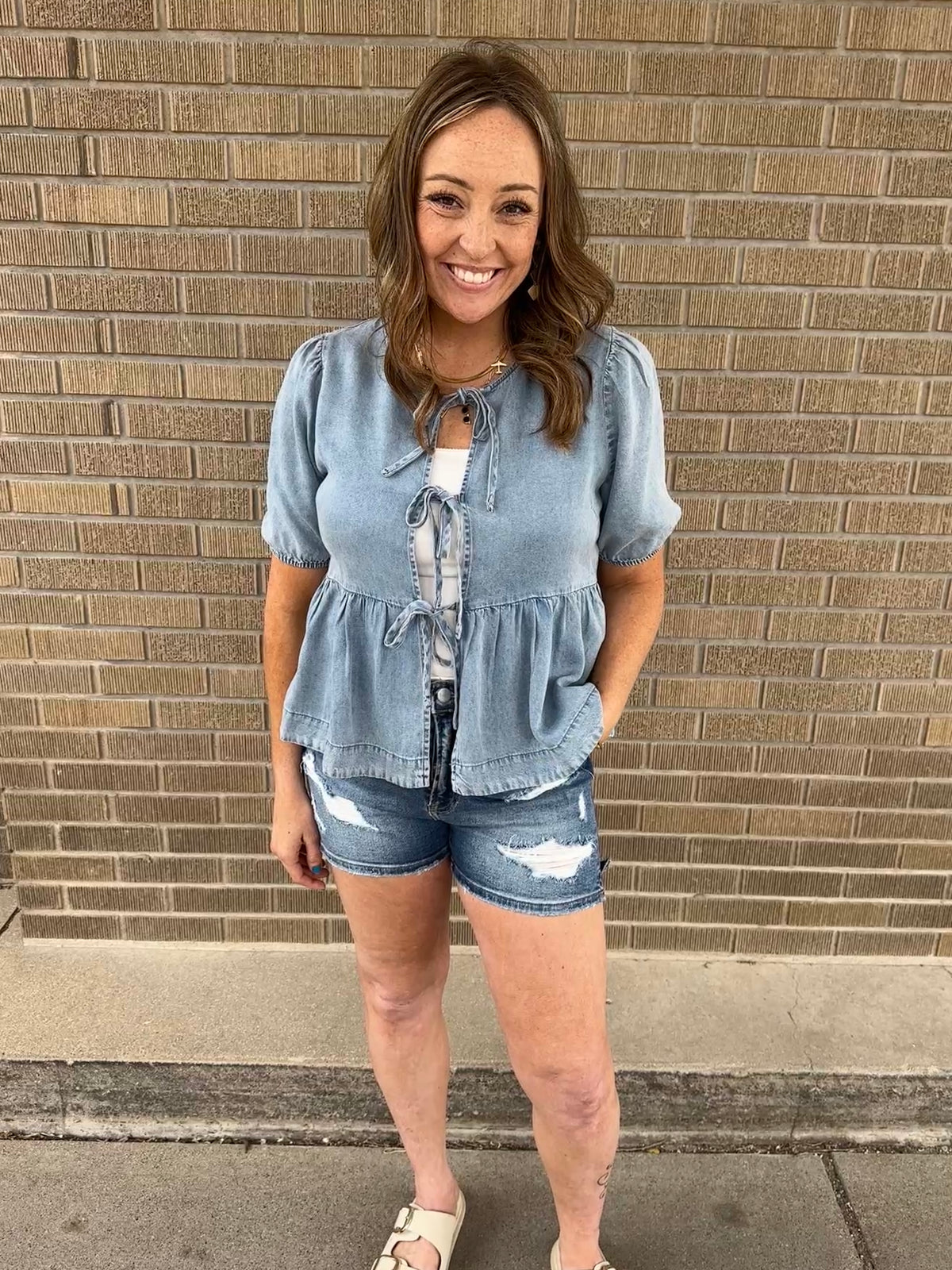 Denim Peplum Tie Front Top