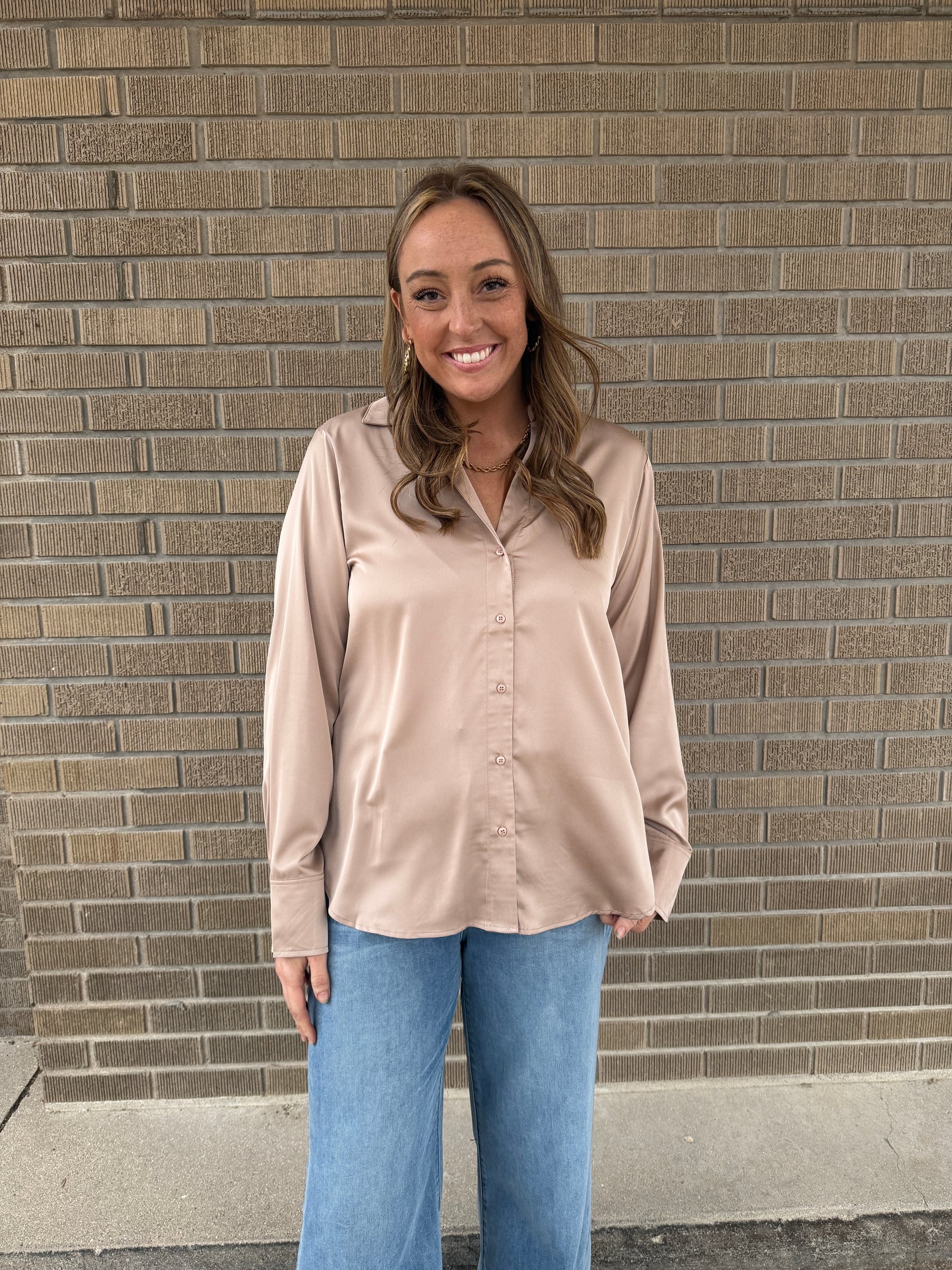 Sweet in Satin Button Up - Taupe