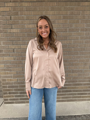 Sweet in Satin Button Up - Taupe