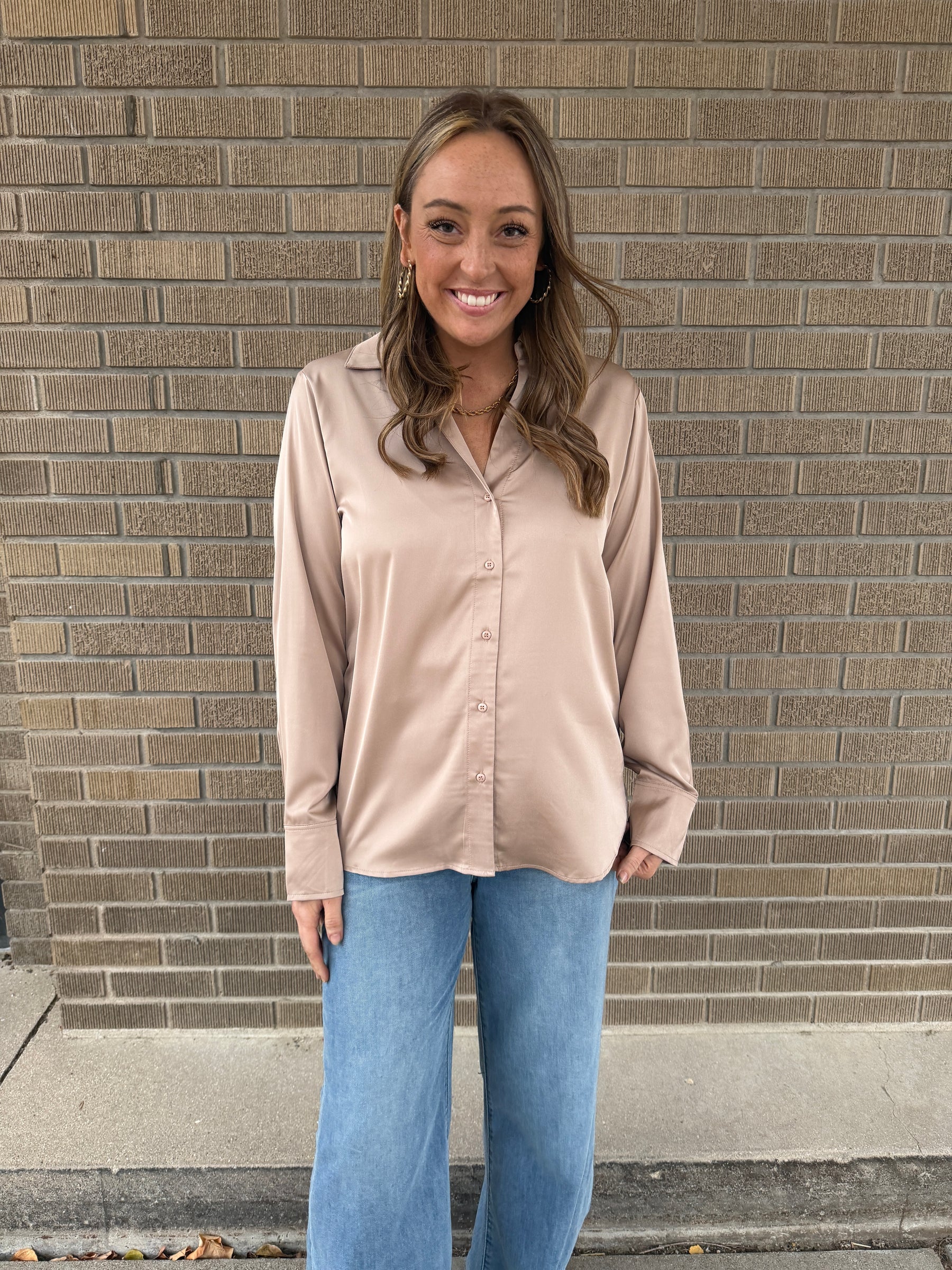 Sweet in Satin Button Up - Taupe