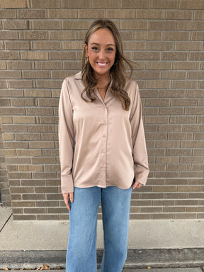 Sweet in Satin Button Up - Taupe