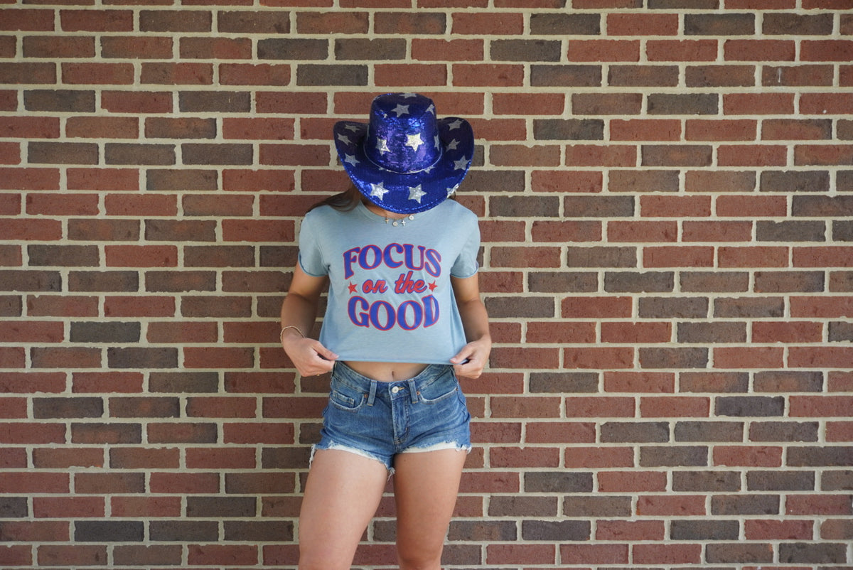 Focus On The Good Crop Tee - Blue & Red