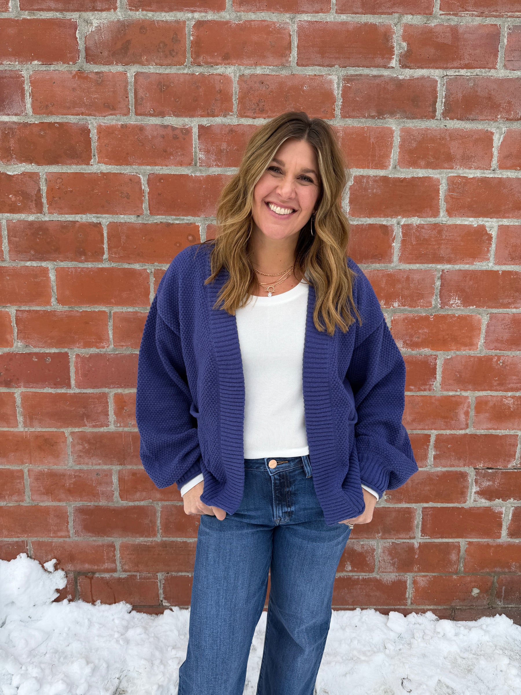 Waffle Knit Cardigan - Indigo