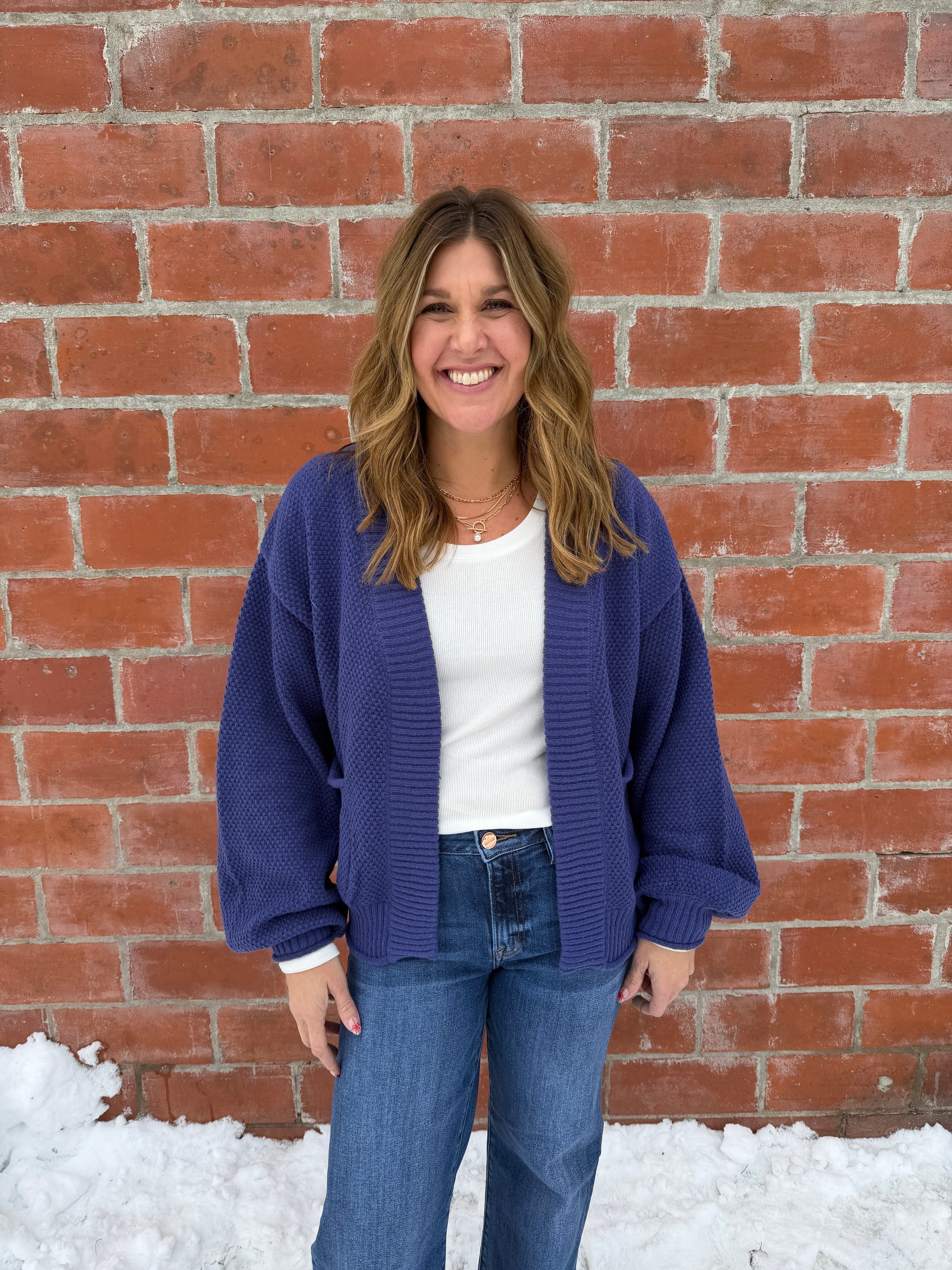 Waffle Knit Cardigan - Indigo