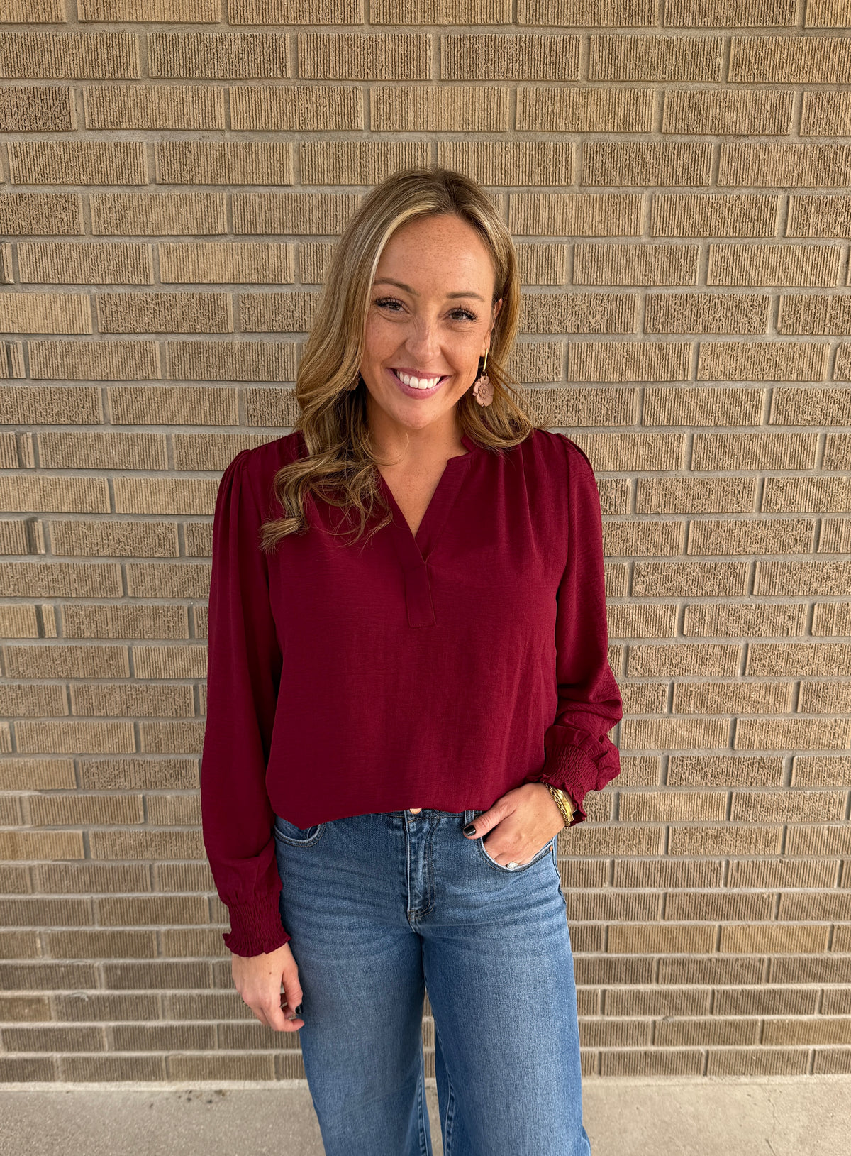 Split V-Neck Blouse - Burgundy