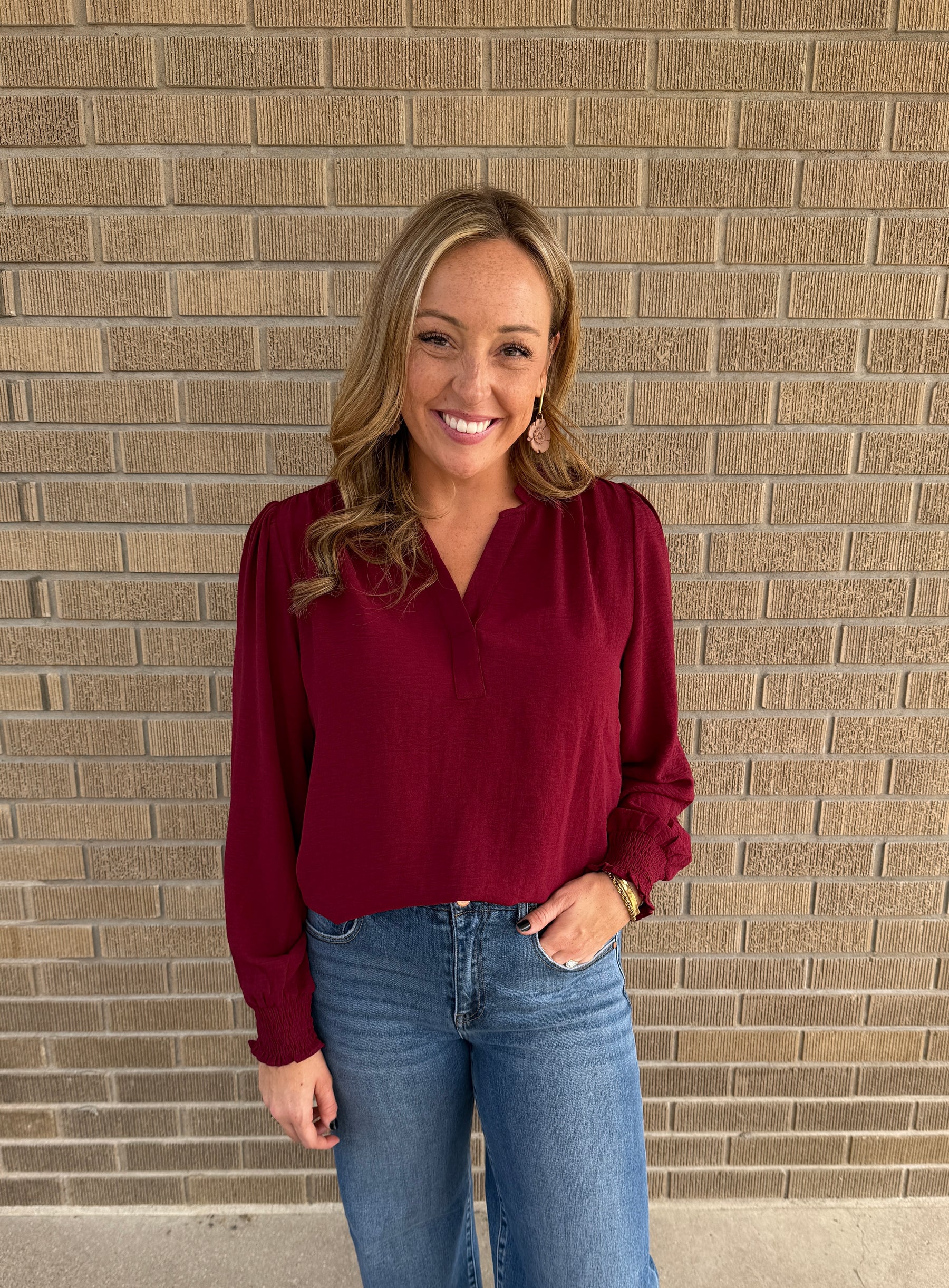 Split V-Neck Blouse - Burgundy