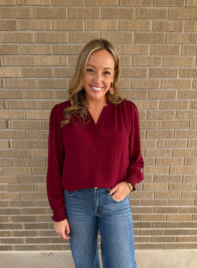 Split V-Neck Blouse - Burgundy