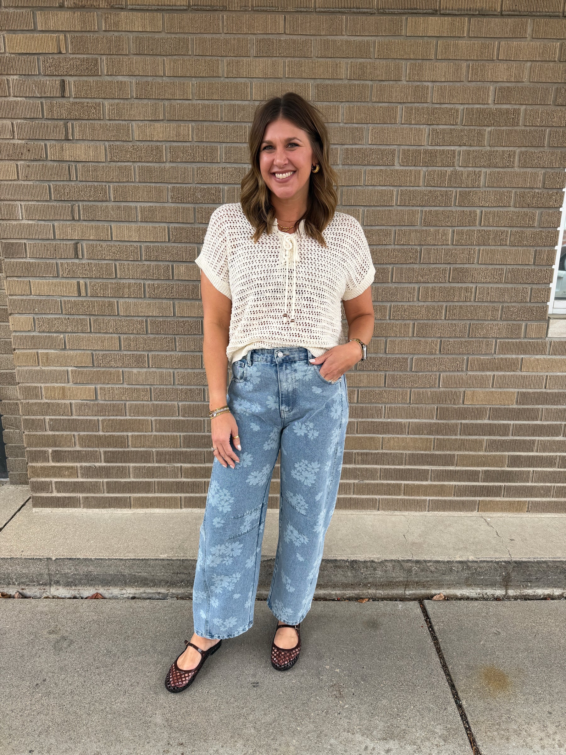 Blue Floral Barrel Jeans