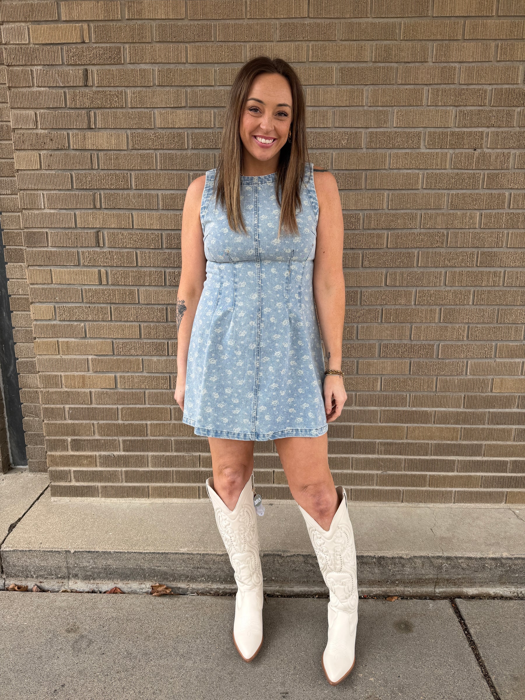 Sleeveless Floral Print Denim Dress