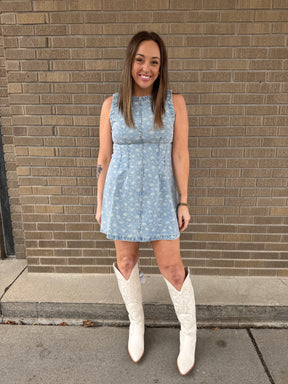 Sleeveless Floral Print Denim Dress