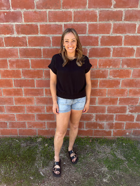 Smocked Hem Crinkle Top - Black
