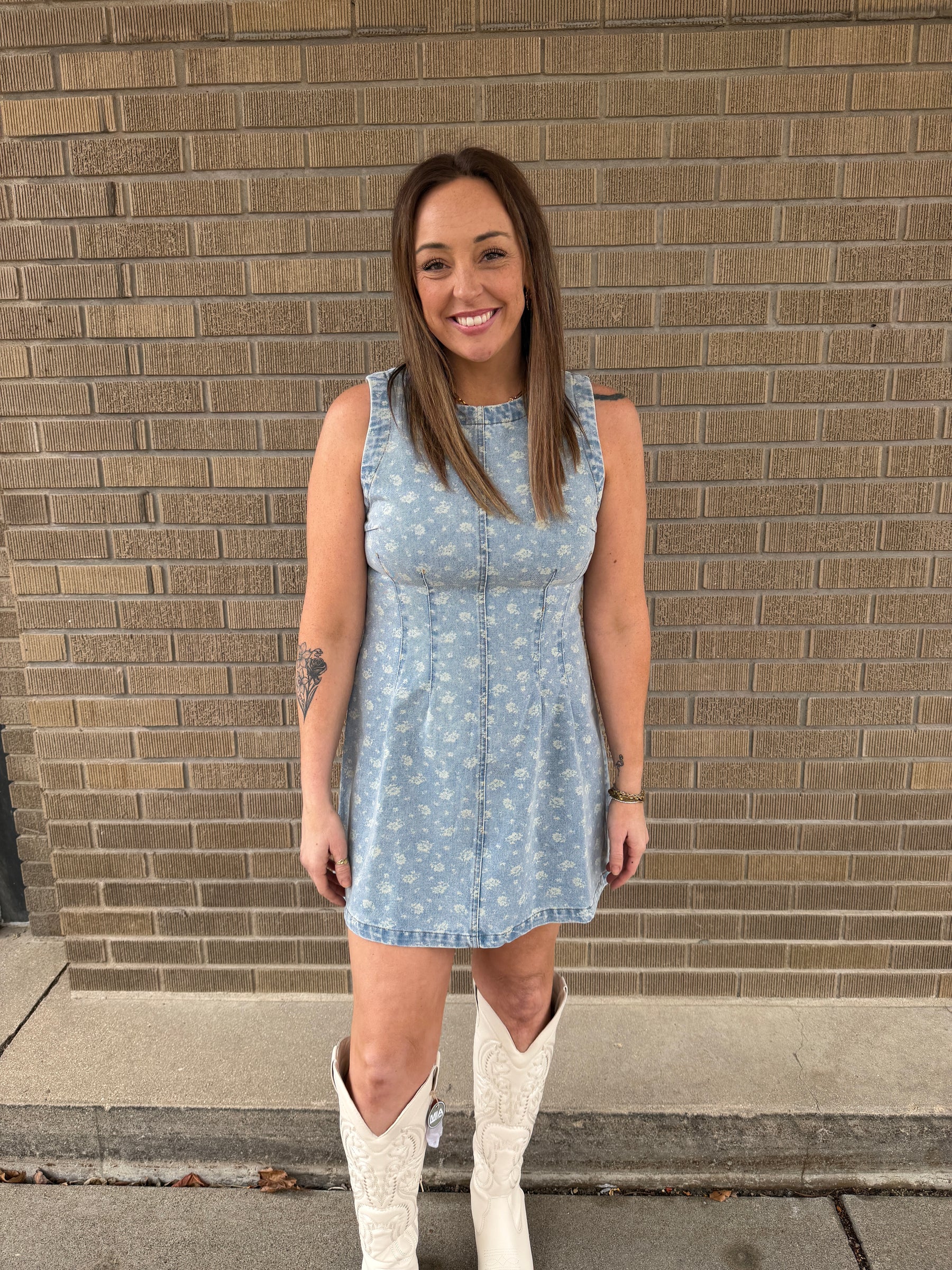 Sleeveless Floral Print Denim Dress