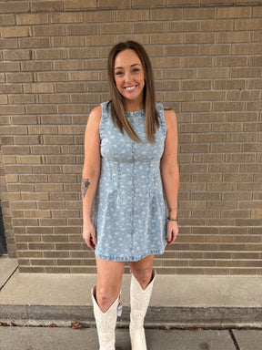 Sleeveless Floral Print Denim Dress
