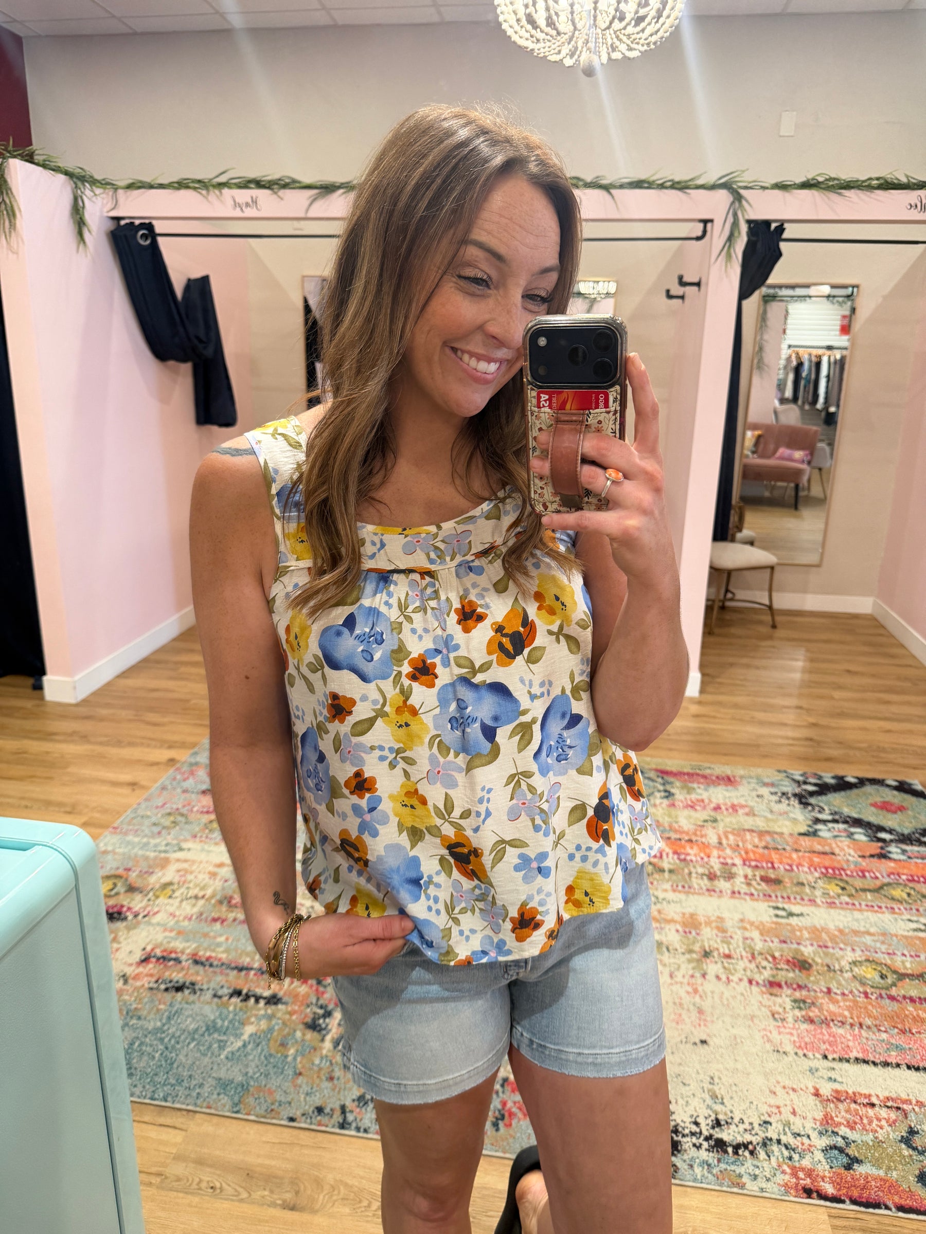 Blue Floral Square Neck Tank