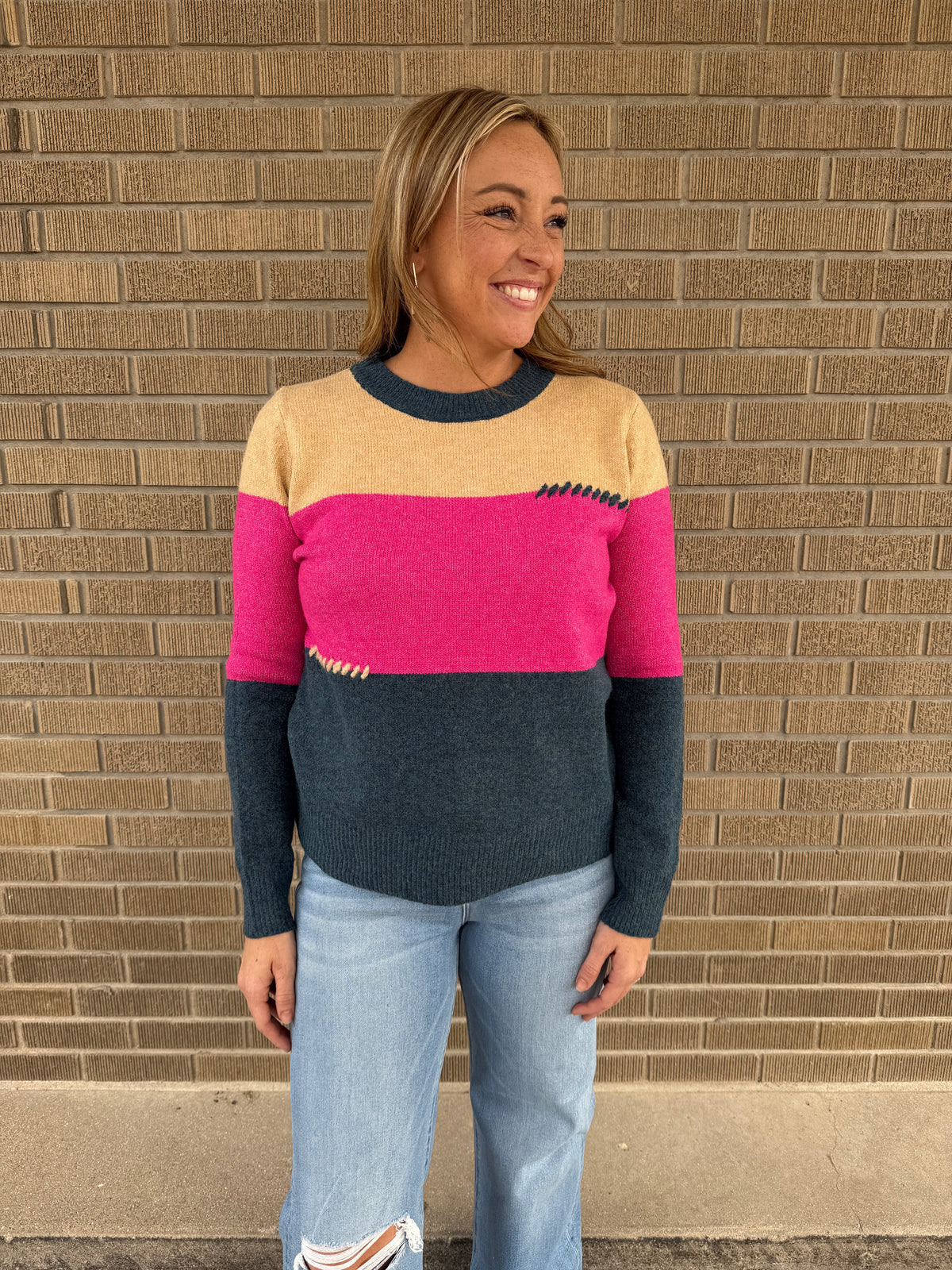 Pink and Navy Colorblock Sweater