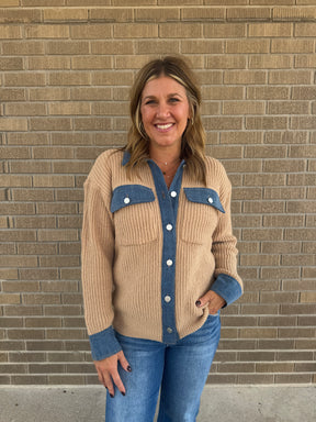 Taupe Cardigan with Denim Trim