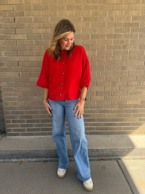 Short Sleeve Cardigan - Red