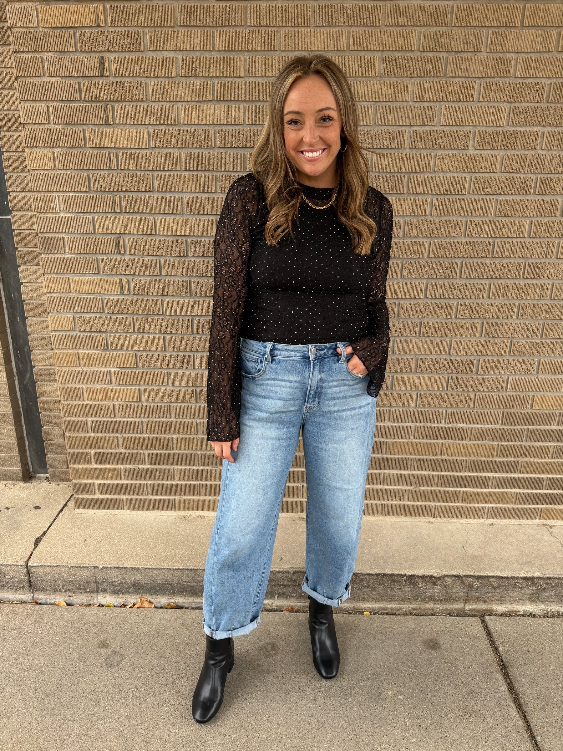 Black Rhinestone Lace Top