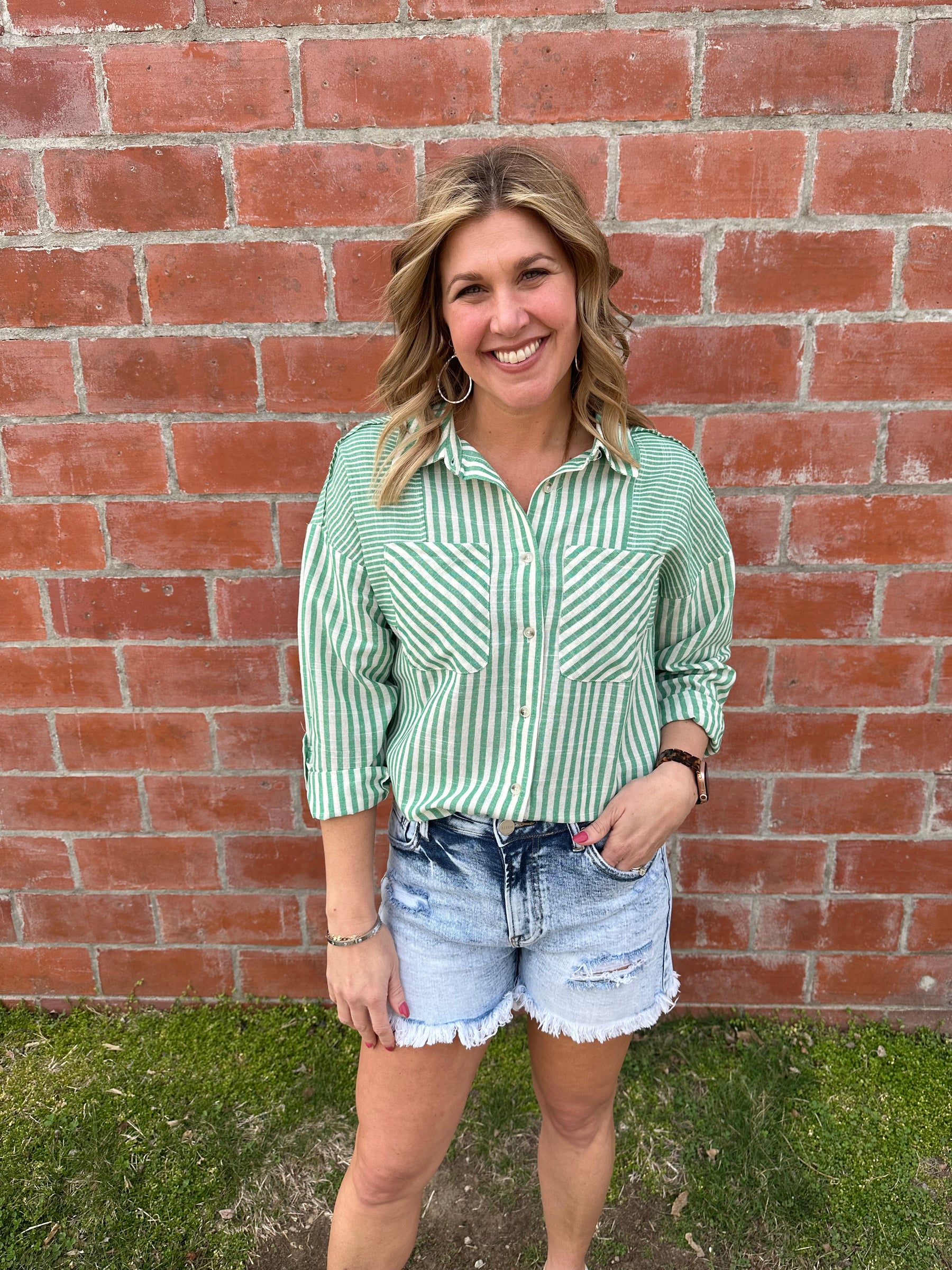 Kelly Green Stripe Button Up
