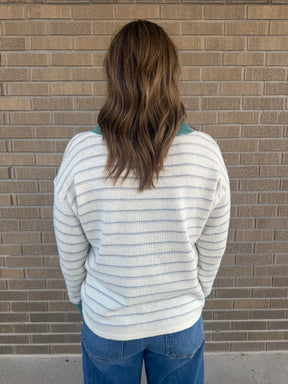 Sage V-Neck Stripe Sweater