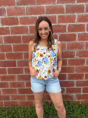Blue Floral Square Neck Tank
