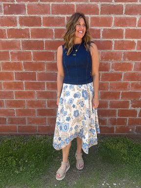 Boho Babe Blue Floral Midi Skirt
