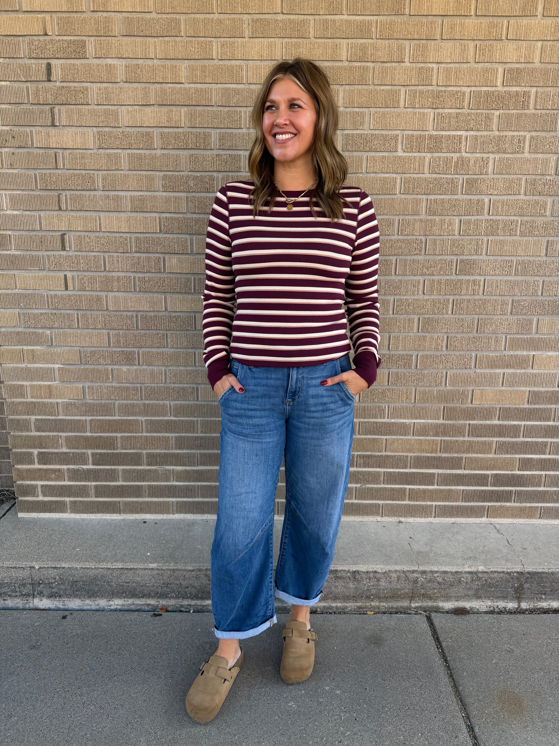 Stacy Long Sleeve - Maroon Stripe