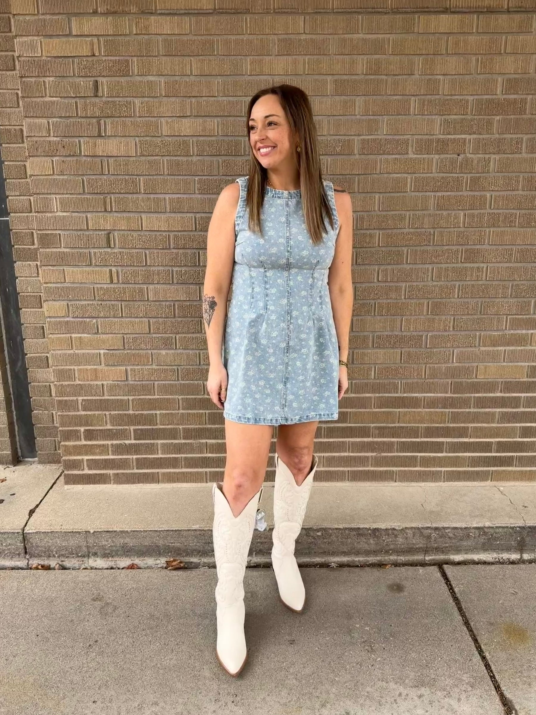 Sleeveless Floral Print Denim Dress