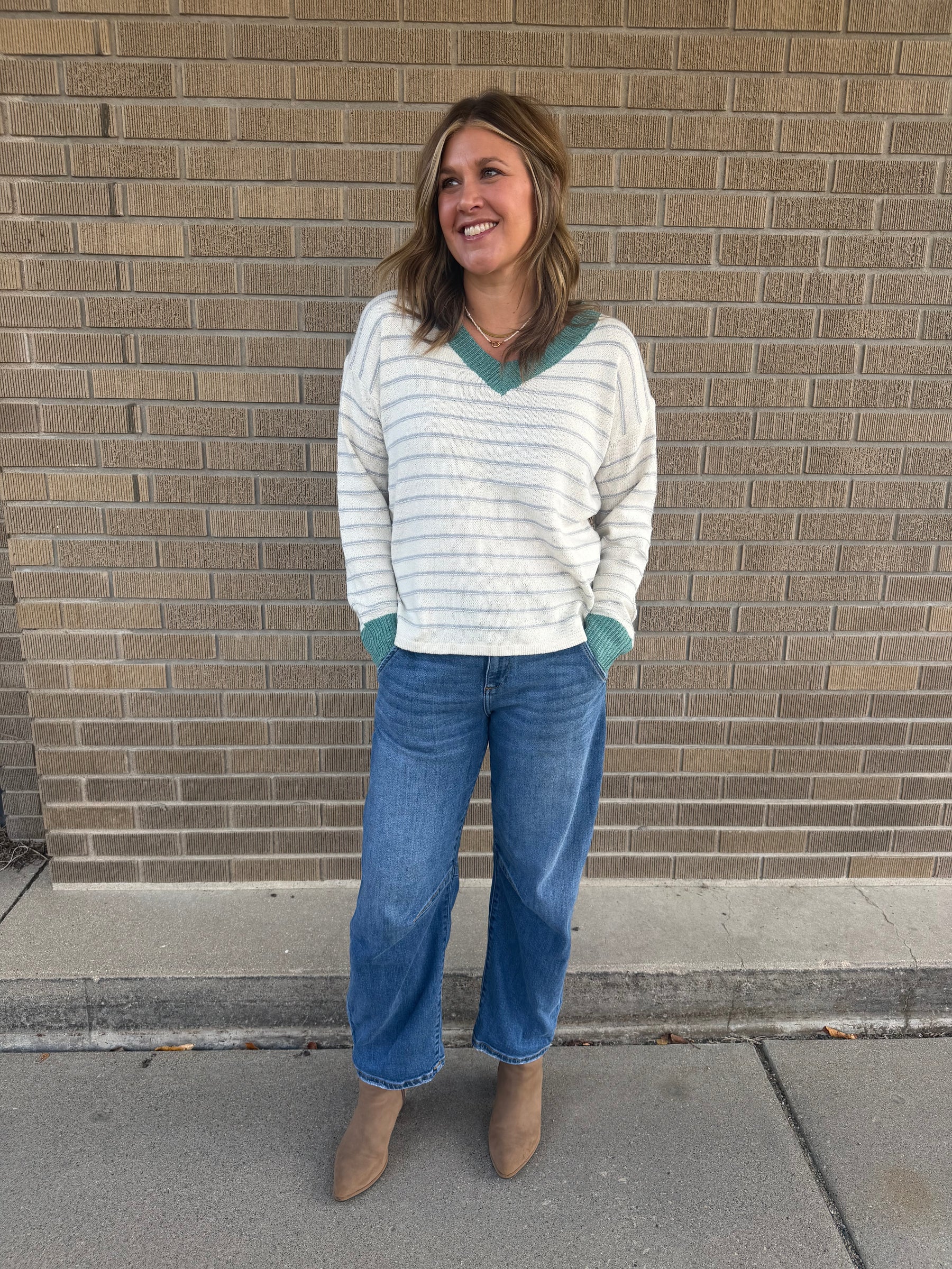 Sage V-Neck Stripe Sweater