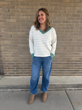 Sage V-Neck Stripe Sweater