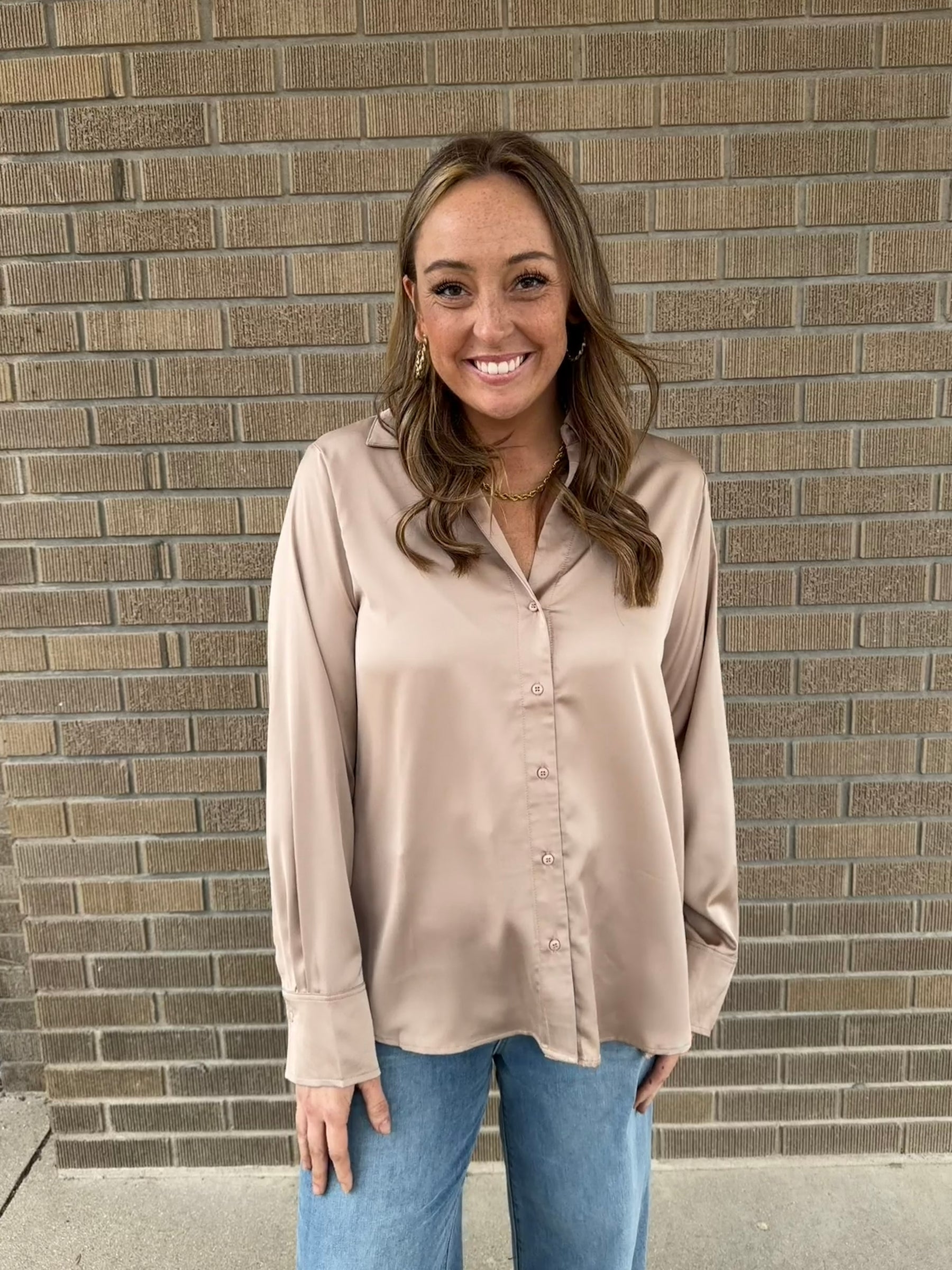 Sweet in Satin Button Up - Taupe