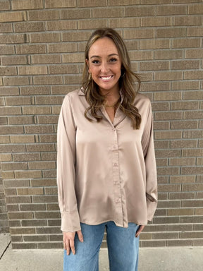 Sweet in Satin Button Up - Taupe
