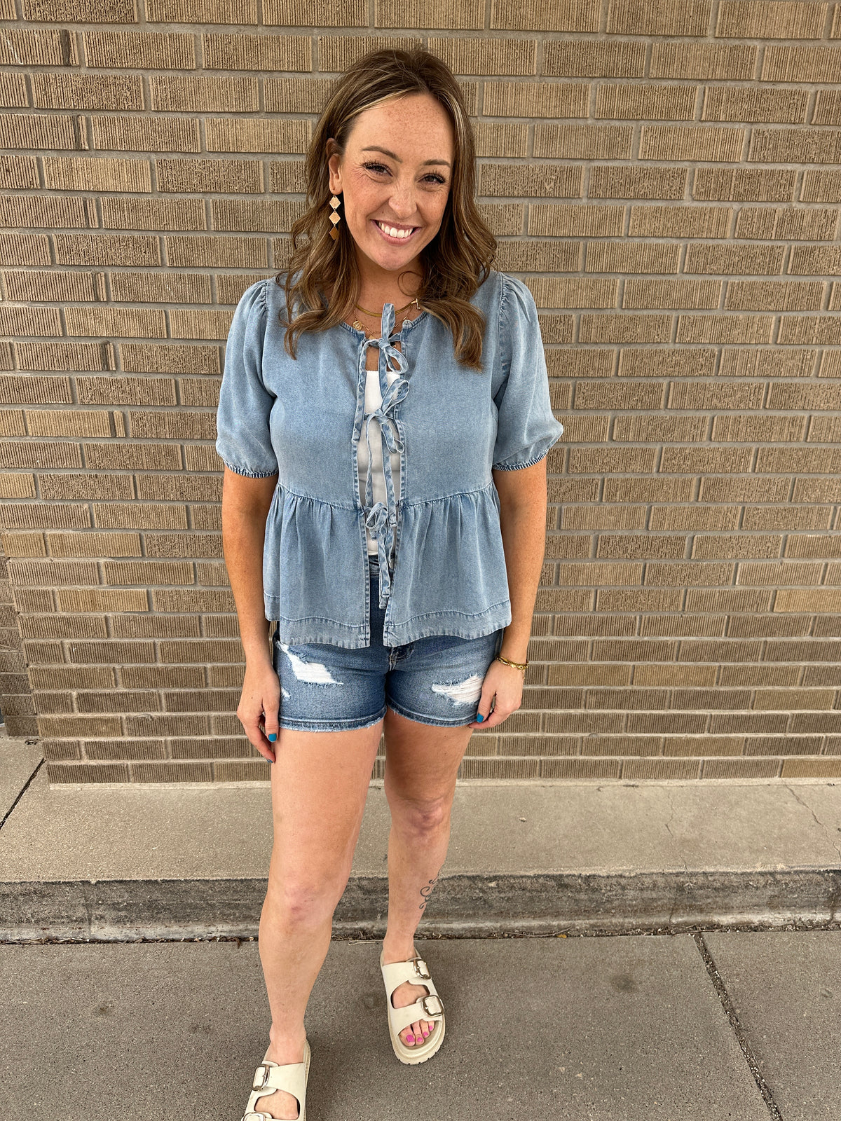 Denim Peplum Tie Front Top