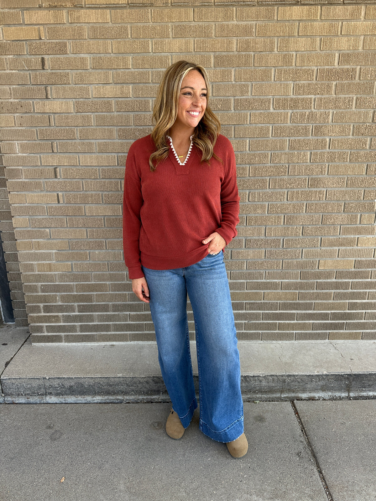 Rust Split Neck Stitched Top