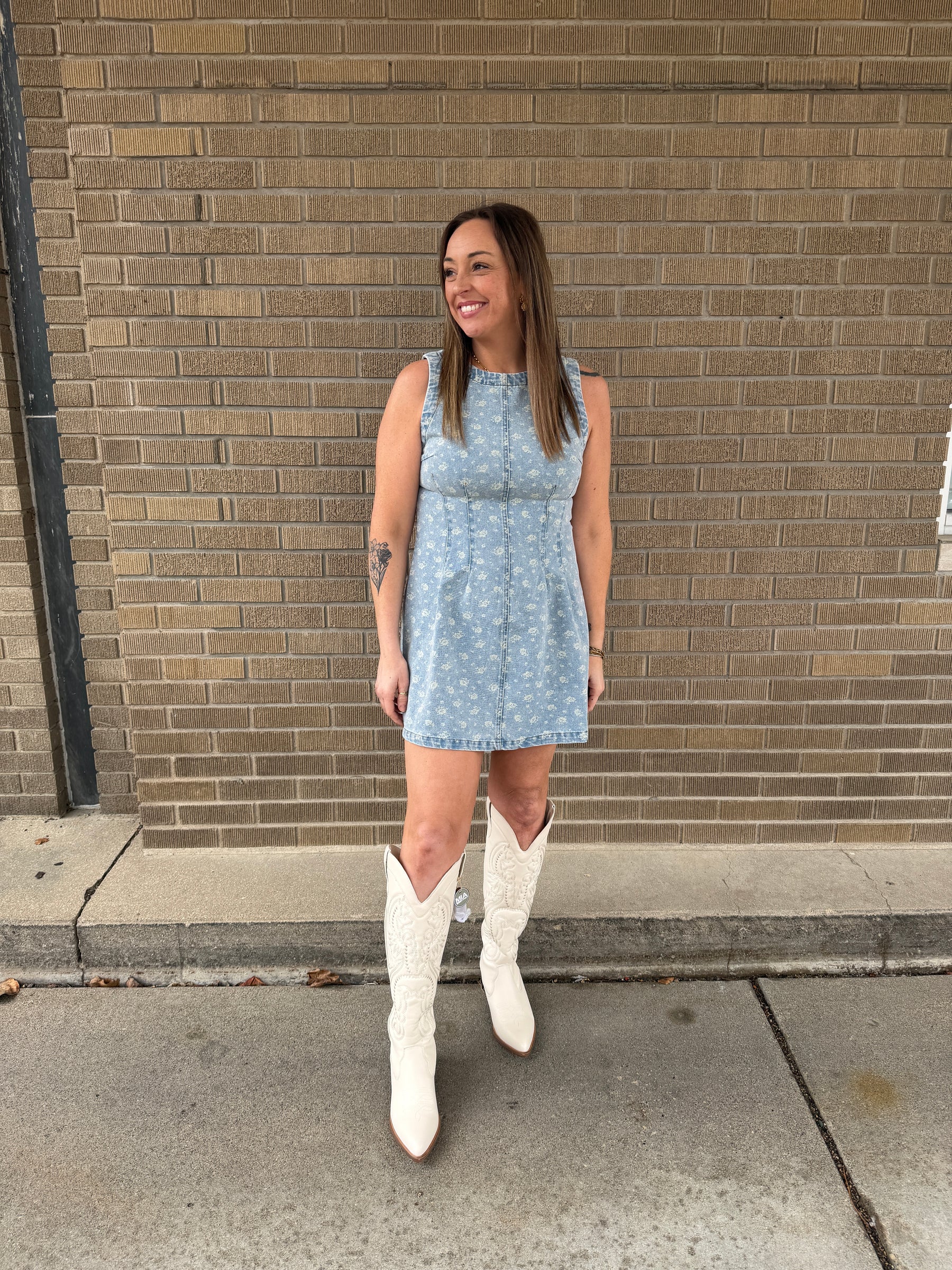 Sleeveless Floral Print Denim Dress