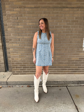 Sleeveless Floral Print Denim Dress