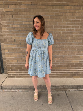 Blue Floral Denim Dress