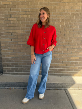 Short Sleeve Cardigan - Red