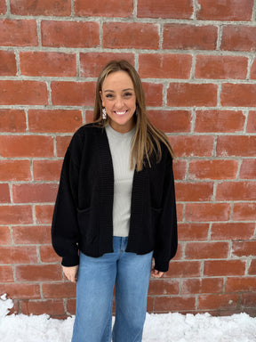 Waffle Knit Cardigan - Black