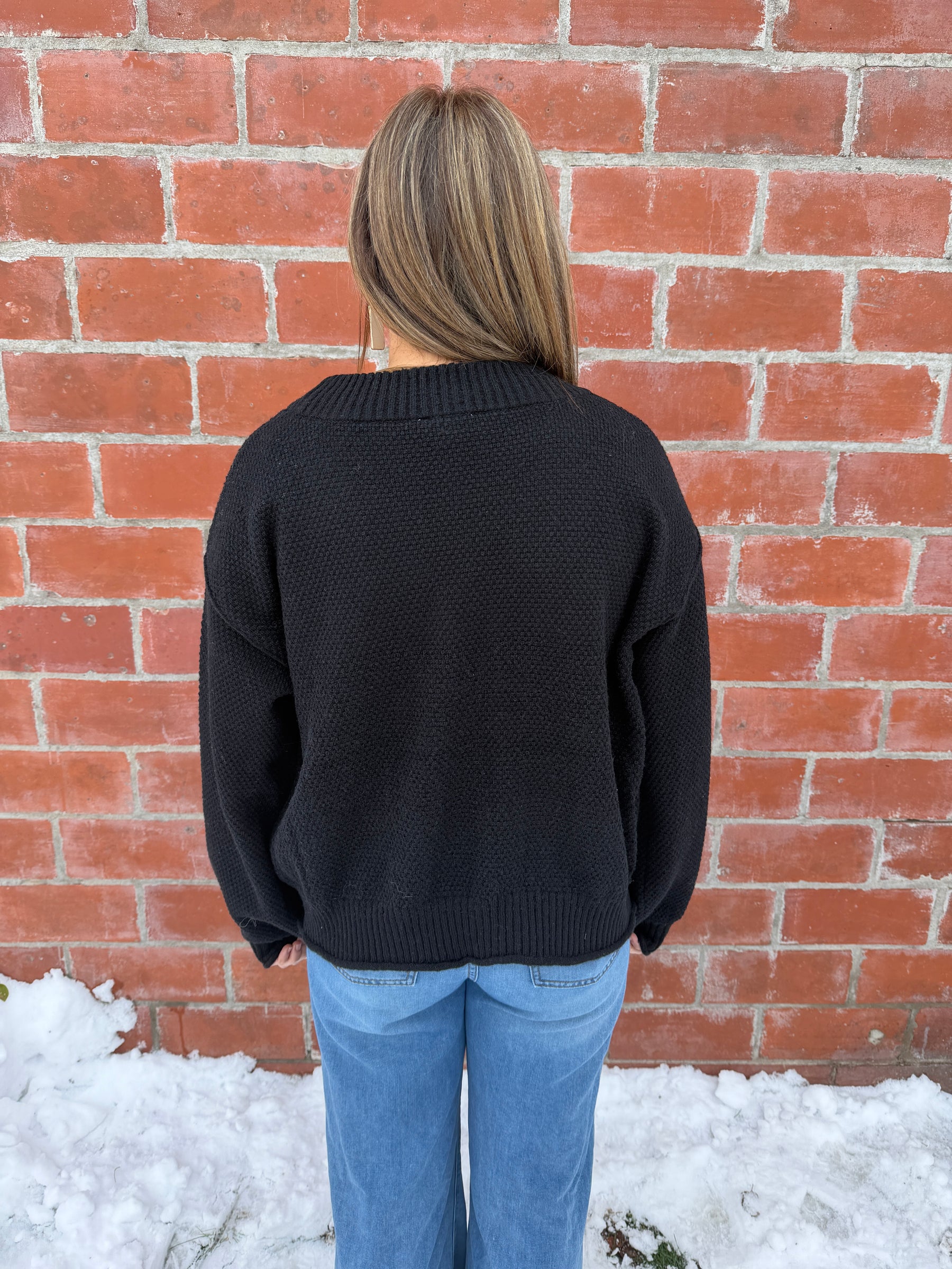 Waffle Knit Cardigan - Black