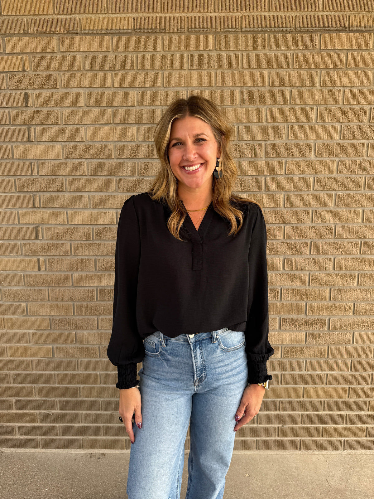 Split V-Neck Blouse - Black