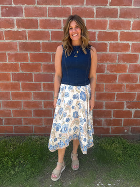 Boho Babe Blue Floral Midi Skirt