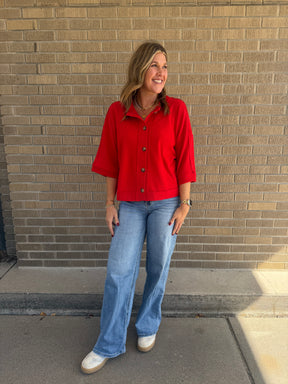 Short Sleeve Cardigan - Red