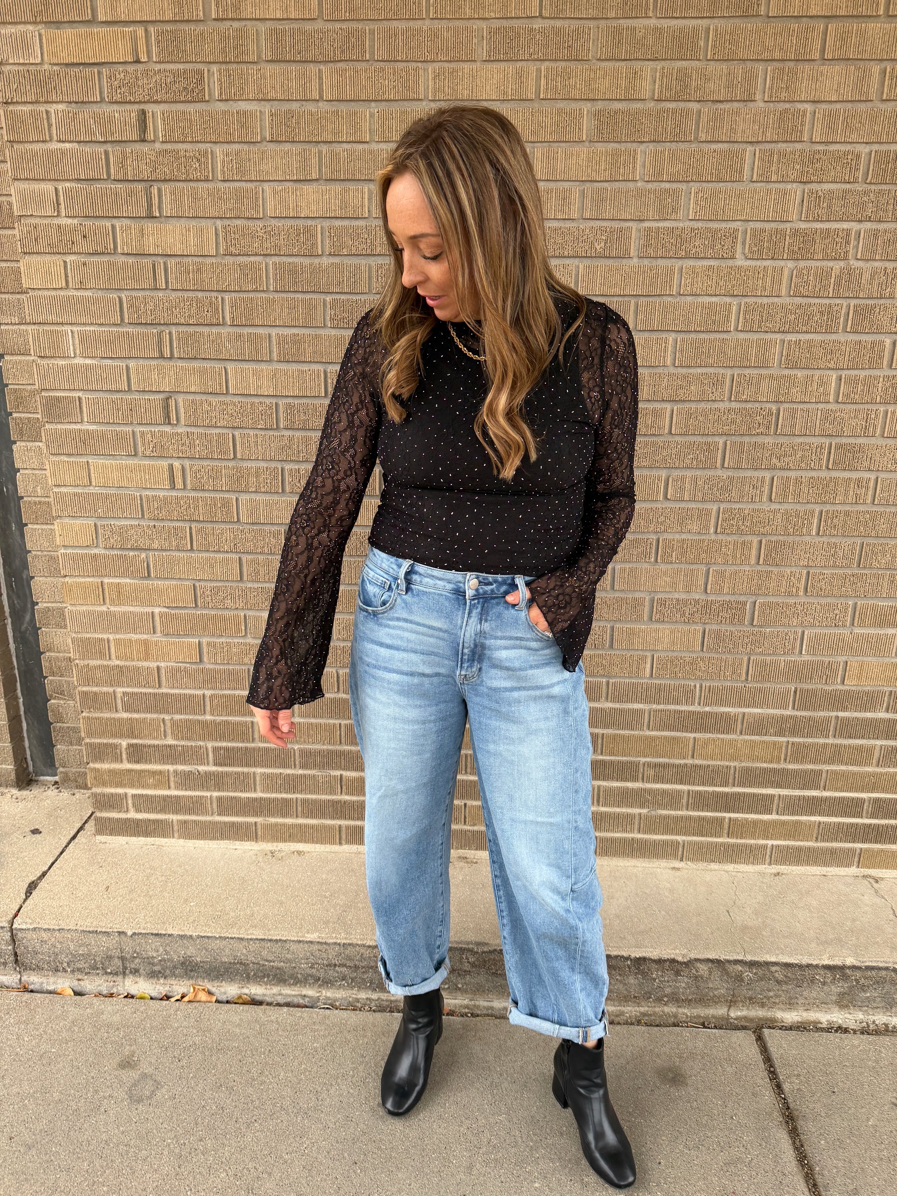 Black Rhinestone Lace Top